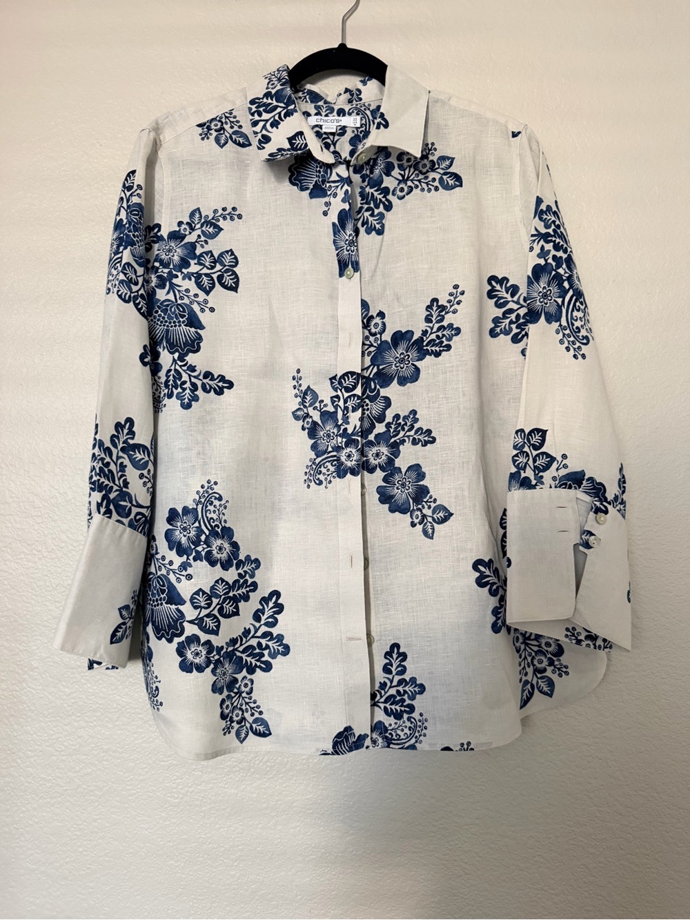 Chico’s Natural Linen-Blend Button Shirt with Blue Floral Print